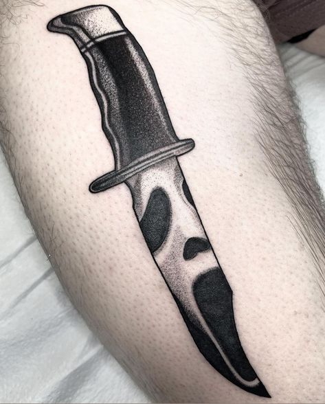 Horror Knife Tattoo, Scream Knife Tattoo, Ghostface Tattoo, Mouth Tattoo, Random Tattoos, Knife Drawing, Knife Tattoo, Scary Tattoos, Dagger Tattoo