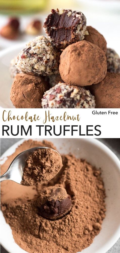 Chocolate Hazelnut Rum Truffles Rum Truffles, Gluten Free Valentines, Christmas Cookie Box, Pan Kitchen, Peach Blueberry, Special Occasion Food, Spiralizer Recipes, Candy Snacks, Candy Treats