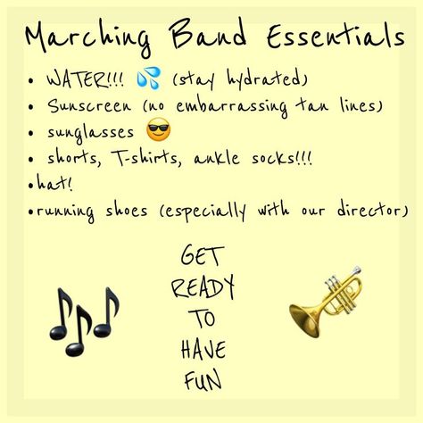 Marching band essentials!!! #marchingband #marchingbandexe Marching Band Must Haves, Workouts For Marching Band, Colorguard Essentials, Band Competition Packing List, Marching Band Essentials, Color Guard Checklist, Band Camp Lunch Ideas, Marching Band Workout, Band Camp Essentials