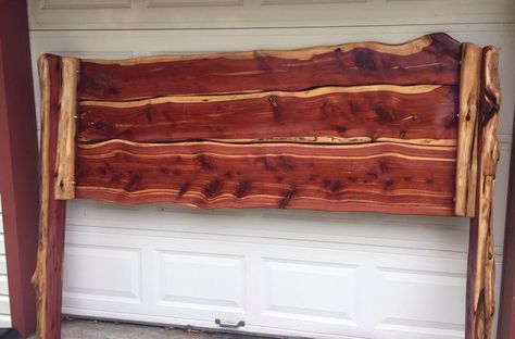 King size headboard made from a cedar tree. Cedar Bedroom Furniture Ideas, Cedar Headboard Ideas, Diy Cedar Headboard, Diy Wood Picture Frame, Living Edge Wood Headboard, Custom Cherry Bed, Diy Wood Picture, Redwood Headboard, Diy King Size Headboard