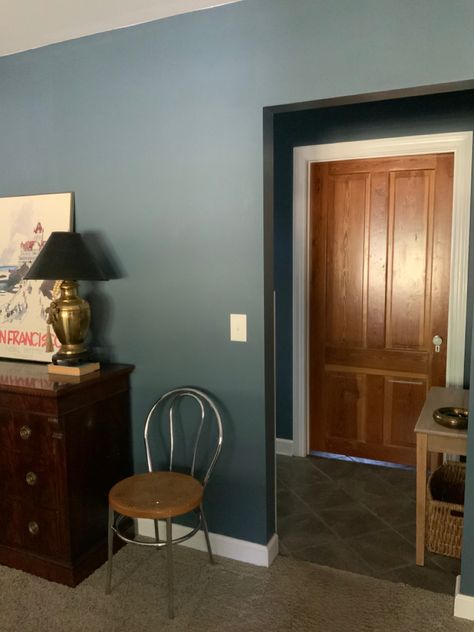 Moody blue Behr paint color in eggshell Best Blue Green Paint Colors Behr, Nypd Blue Paint, Blue Behr Paint, Playroom Paint, Behr Marquee, Blue Wall Colors, Nypd Blue, Behr Paint Colors, New York Police