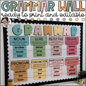 Use this kit to create a beautiful and engaging parts of speech bulletin board! This resource will make it easy to review important grammar skills throughout the entire year! Assembling is super easy! Use the ready to print posters and word cards and you're set! You can also use the editable components included to create your own definitions and word cards.Please note that this resource was originally created with clip art. I have received requests over the years to offer it without clip art for teachers to use in upper elementary classrooms.This resource includes:Ready to print headers and word cards.An editable copy of all the headers and cards that you can customize.Large bulletin board letters that spell out "Grammar Wall"Important:This file is editable using PowerPoint. I used paid fo Grammar Classroom Decor, 4th Grade Writing Bulletin Boards, Upper Elementary Word Wall, English Language Arts Bulletin Boards, Bulletin Board For Reading, Classroom Gratitude Wall, Bulletin Board Ideas For English, 4th Grade Ela Bulletin Board Ideas, Grammar Posters Elementary