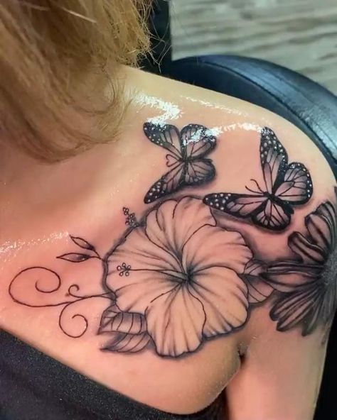 Flower Chest Tattoos For Women, Shoulder To Chest Tattoo Female, Flower Tattoos On Chest, Chest Tattoo Female Upper Cover Up, Shoulder Chest Tattoo Female, Women Cute Tattoos, Upper Chest Tattoos For Women, Nj Tattoo, Leg Tattoo Female