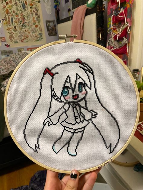 miku cross stitch! Pixel Grid, Grid Art, Hatsune Miku, Embroidery Designs, Cross Stitch, Embroidery, Crochet, Memes, Pins