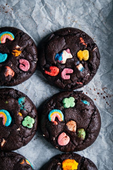 lucky charms chocolate cookies (for st patrick's day) — the farmer's daughter | let's bake something St Pattys Cookies, Lucky Charms Cookies, Sunday Desserts, Oatmeal Granola, Granola Cookies, St Patrick's Day Cookies, Brown Butter Chocolate Chip, Lucky Charms Marshmallows, Brown Butter Chocolate Chip Cookies