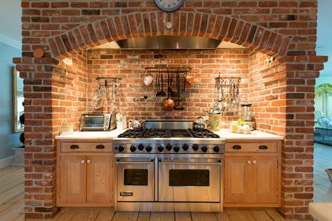 What You Get for $2 Million - The New York Times Brick Wall Kitchen, Brick Archway, Brick Hearth, Oven Stove, Brick Kitchen, Rustic Kitchen Design, Stone Kitchen, Kitchen Stove, Exposed Brick