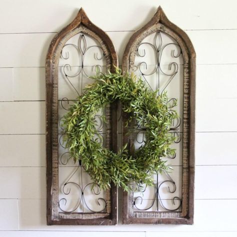 Primitive Bathrooms, Metal Tree Wall Art, Wood Shutters, Scroll Pattern, Decorative Wall Panels, Arched Windows, Country Farmhouse Decor, Antique Farmhouse, Wood Wall Decor