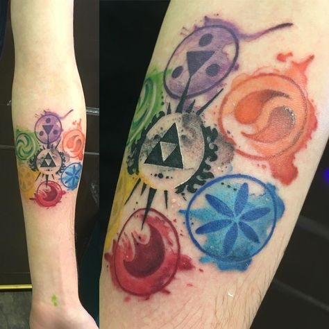 My first tattoo! Legend of Zelda watercolour design by Lauren Hanson (Cosmic Monsters Incorporated, Bromsgrove, UK) - Imgur Tattoos Water, Nerdy Tattoos, Zelda Tattoo, Gamer Tattoos, Geek Tattoo, Gaming Tattoo, Tatuaje A Color, Classic Tattoo, Little Tattoos