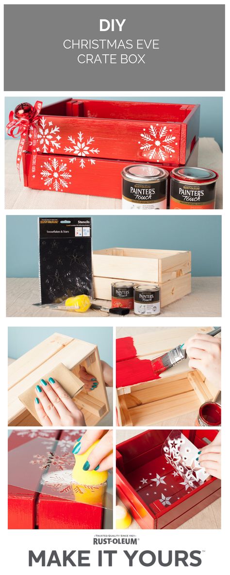 Christmas Eve boxes are usually filled with special little gifts, like cosy new pyjamas, to make the night special before Santa arrives.   This DIY Christmas Eve box is made from an upcycled wooden crate, painted with Rust-Oleum Painter's Touch. It's also a reusable alternative to gift bags. Upcycled Wooden Crates, Diy Christmas Eve Box, Christmas Crate, Christmas Eve Crate, Xmas Eve Boxes, Christmas Eve Boxes, Crate Diy, Diy Christmas Decorations, Navidad Diy