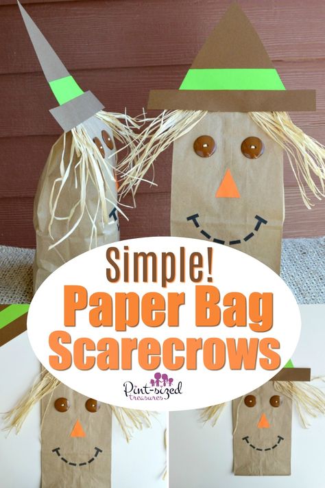 Simple paper bag scarecrow craft kids love! Adding these adorable scarecrows to the paper bags make the fall season come alive for your kids! This craft is simple enough for kids of all ages from preschool all the way to tweens! #paperbag #paperbagcraft #scarecrows #forpreschool #fortweens #simplecraft #easycraft #pintsizedtreasures Brown Paper Bag Fall Crafts, Paper Bag Scarecrow Craft Preschool, Scarecrow Paper Bag Craft, Paper Bag Scarecrow Craft, Fall Paper Bag Puppets, Scarecrow Crafts Preschool, Paper Bag Scarecrow, Scarecrow Crafts For Kids, Scarecrow Craft