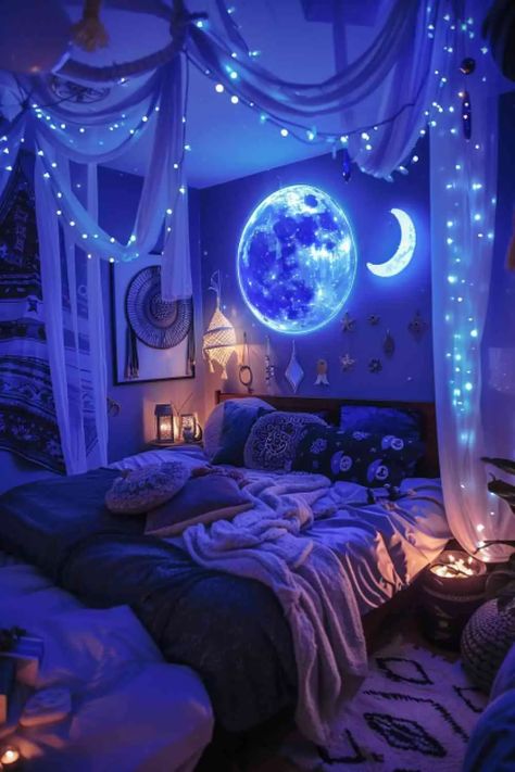 25 Boho Bedroom Accent Walls You Need to See - High Up Bed Ideas, Indigo Room Ideas, Bedroom Interior Design Aesthetic, Grey Room With Led Lights, Rave Bedroom Ideas, Navy Purple Bedroom, Love Dream Aesthetic, Bedroom Moon Decor, Bedroom Backdrop Designs