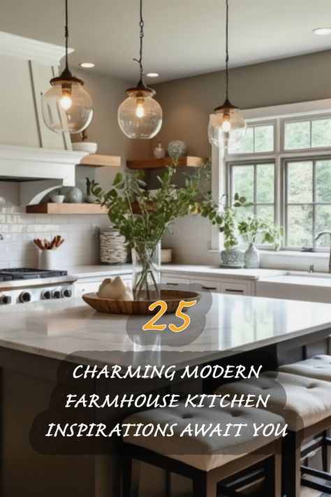 As a lover of all things home interior, I can't get enough of this modern farmhouse kitchen! The blend of sleek countertops with rustic wooden shelves creates such a warm, inviting atmosphere. The unique pendant lights add a delightful touch, while the fresh greenery brings life into the space. Join me in exploring 25 stunning inspirations that will elevate your kitchen to new heights! Farmhouse Kitchen Pendant Lights Wood, Modern Farmhouse Kitchen Design, Farmhouse Kitchen Design Ideas, Lighting Above Kitchen Island Farmhouse Wood, Rustic Farmhouse Kitchrn Island Lights, Farmhouse Kitchen Inspiration, Rustic Wooden Shelves, Unique Pendant Lights, Modern Farmhouse Living