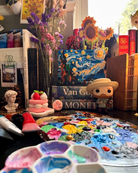 My art desk, lately. 🦊🍀🧸✨ • Trying to work on a portrait study for the first time! My reference is a photograph by Alexandra Bochkareva. 🌿 • • • [vincent Van Gogh, starry night, acrylic artworks, acrylic painter, portrait sketch, sketch artist] • • • #vanGoghInspired #ArtWithTash #vanGoghArt #PortraitStudyArtist #TheStarryNight #AcrylicArtworks Van Gogh Artist Study, Alexandra Bochkareva, Painter Portrait, Van Gogh Drawings, Vincent Van Gogh Starry Night, Hogwarts Library, Artist Study, Portrait Study, Funny Birthday Cakes