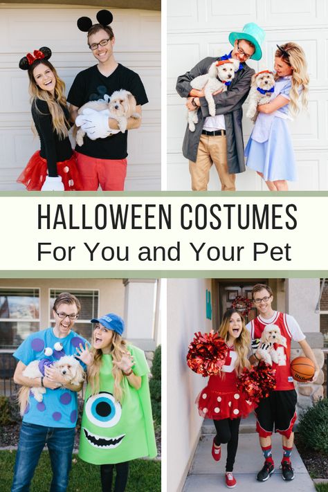 Matching Cat Costumes, Couple Costume And Dog, Cute Dog Halloween Costumes With Owner, 2 People And Dog Halloween Costumes, Simple Dog Costumes, Halloween Costumes With Cat And Owner, Dog Parent Halloween Costume, Pet Halloween Costumes Matching, Cute Couple Halloween Costumes With Dog