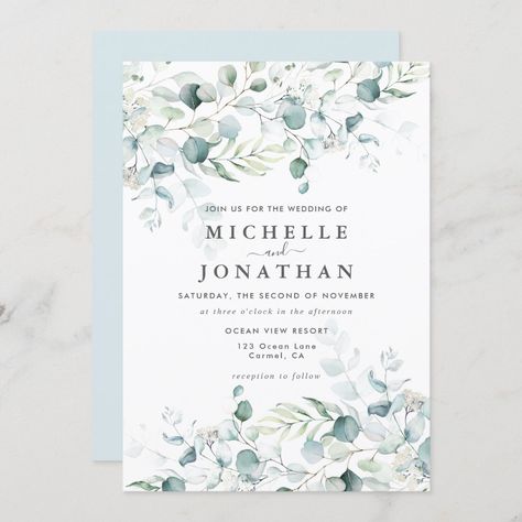 Eucalyptus Bouquet Wedding, Eucalyptus Wedding Bouquet, Blue Green Wedding, Wedding Invitation Message, Eucalyptus Bouquet, Eucalyptus Wedding Invitation, Wedding Invitation Size, Green Eucalyptus, Elegant Wedding Invitation