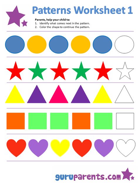 Review week Spring: The first worksheet introduces simple patterns. Simple Patterns For Preschool, Abc Patterns Preschool, Kindergarten Start, Pattern Worksheets For Kindergarten, Patterning Kindergarten, Coloring Worksheets For Kindergarten, Color Worksheets For Preschool, Preschool Patterns, Kindergarten Math Worksheets Free