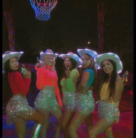 Space Cowgirl Group Costume, Cowgirl Alien Costume, Neon Cowgirl Party Outfit, Neon Cowgirl Costume, Group Halloween Costumes Cowgirl, Space Cowgirl Birthday Party Ideas, Cowboys And Aliens Party Outfit, Neon Cowboy Outfit Women, Halloween Neon Costume