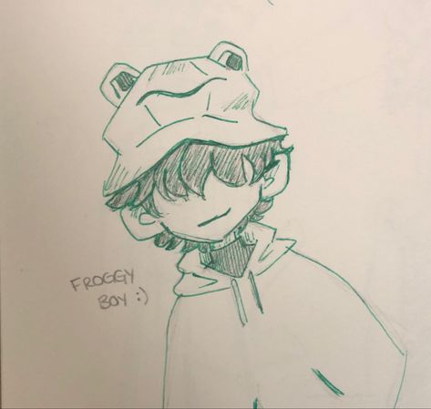 frog boy doodle Frog Cute Sketch, Holding A Frog Reference, Frog Hoodie Drawing, Derpy Frog Drawing, Frog Drawing Sketches, Frog Oc, Hoodie Doodle, Frog Cosplay, Frog Doodle