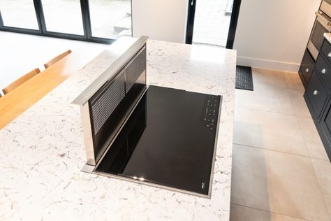 On the large central island we built in the Wolf 914mm Induction hob and the Wolf 914mm downdraft extractor. Kitchen And Island Ideas, Kitchen Island With Hob, Kitchen Island Hob, Kuhinja Ideje, Kitchen Dinner Ideas, My Dream Home Kitchen, Island With Cooktop, Exposed Brick Kitchen, Kitchen Window Bar