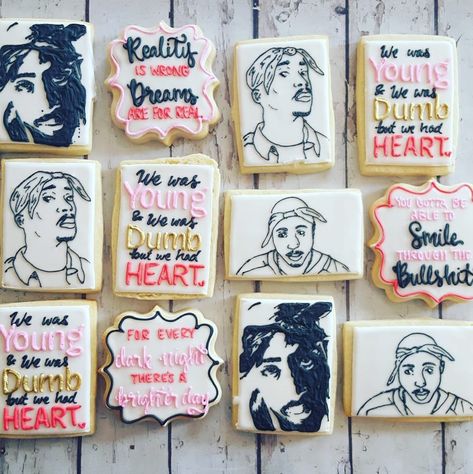 Hayleycakes And Cookies on Instagram: “Tupac to get you through Monday. #hayleycakesandcookies #bestcookiesever #atxcookies #atx #atxbakery #cookies #decoratedcookies #yum #tupac” Tupac Birthday Party, Tupac Party Theme, Tupac Cake, Hip Hop Cookies, 90s Hip Hop Cookies, Tupac Party, 90s Tupac, Tupac Birthday, Hip Hop Birthday