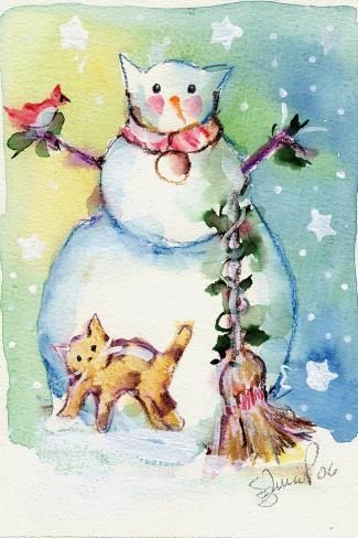 size: 18x12in Art Print: Cat Snowman by sylvia pimental : Cat Snowman, Snowman Illustration, Whimsical Art Paintings, Holding Heart, Fitness Logos, Winter Cat, Three Cats, Red Cardinal, Photography Prints