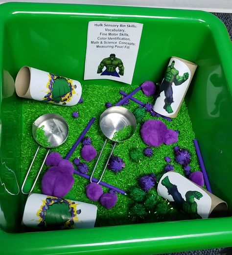 Incredible Hulk Sensory Bin Superhero Sensory Bin Preschool, Hulk Party Activities, Superhero Messy Play, Superhero Sensory Play, Super Hero Sensory Bins, Super Hero Activities For Toddlers, Super Hero Preschool Activity, Superhero Activities For Toddlers, Hulk Craft