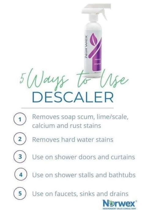 These are just 5 common practices for using Norwex Descaler. Norwex Descaler, Norwex Cloths, Norwex Biz, Norwex Party, Norwex Microfiber, Norwex Consultant, Norwex Cleaning, Sustainable Cleaning, Hard Water Stain Remover