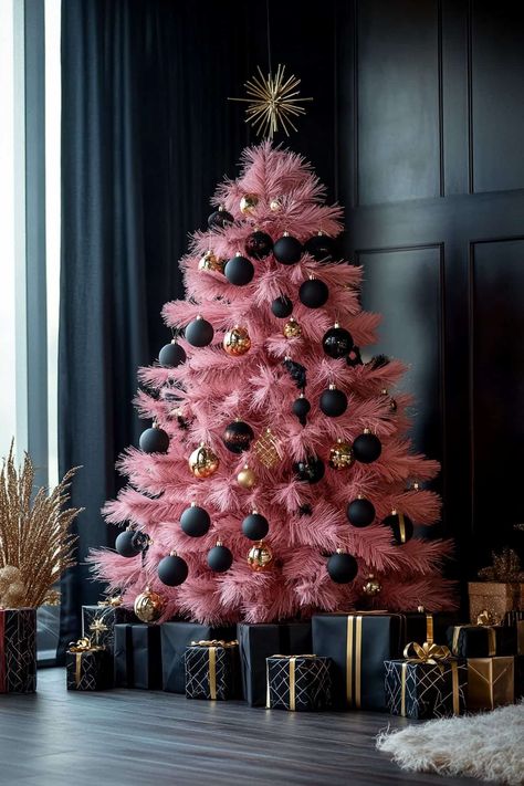 Pink Christmas Tree With Black Ornaments, Pink Tree With Black Ornaments, Black Rose Gold Christmas Tree, Black Pink Christmas Tree, Black Christmas Tree With Pink Ornaments, Black And Pink Christmas Decor, Black And Pink Christmas Tree, Gold And Black Christmas Tree, Pink Black Christmas