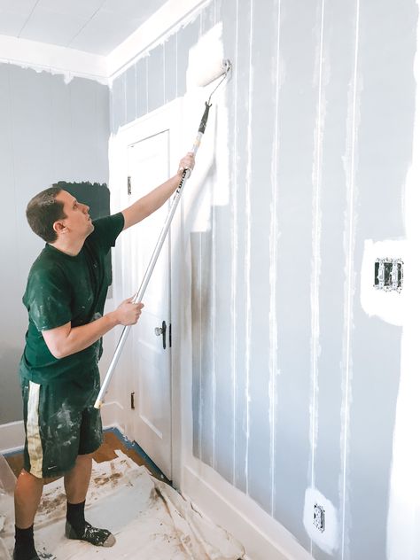 Need wall paneling ideas to cover the outdated look? Here's how to use spackle to fill in the cracks and get a perfectly smooth finish just like drywall! This was one of our best bedroom wall ideas and it really brought a modern look to our master bedroom. Updating Wall Paneling, Filling Paneling Grooves, How To Cover Up Paneling Walls, Update Wall Paneling, Cover Wood Paneling Ideas, Basement Wall Paneling Ideas, Ideas For Wood Paneling Walls, Cover Up Paneling Walls, Covering Wall Paneling Ideas