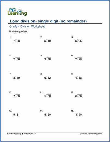 Grade 4 Long Division Worksheets: 2 by 1-digit numbers (no remainder) | K5 Learning Divide Worksheet, Math Worksheets Grade 4, Division Examples, Divisibility Rules Worksheet, Teaching Division, Maths Worksheet, Long Division Worksheets, Good Study Habits, 4th Grade Math Worksheets