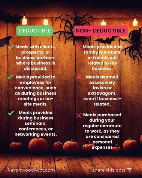 It’s always important to keep detailed records and receipts!

Meals expenses are generally 50% deductible. However, always consult with a tax professional for more details and to ensure you’re maximizing your deductions.

Have questions about what’s deductible for your business? 

Drop them in the comments or send us a message!
.
.
.
#TaxDeductions #BusinessMeals #GothAccountant
#BusinessBookkeeping #BusinessAccounting #Bookkeeping #Accounting
#SmallBusiness Business Tax Deductions, Tax Planning, Business Tax, Tax Deductions, Tax Return, Networking Event, Business Meeting, Business Account, Accounting