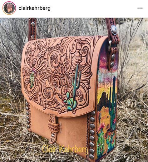 Western Leather Tooling Designs, Hand Tooled Leather Bag, Western Leather Tooling, Western Bags Purses, Western Bags, Custom Leather Bag, Leather Working Projects, Custom Leather Work, Western Bag