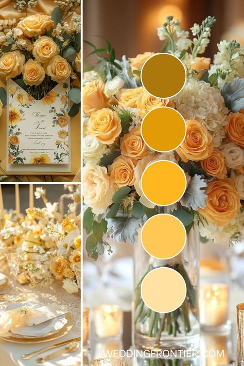 Yellow wedding theme ideas for a bright, cheerful ambiance. Yellow Rose Wedding Theme, Sun Themed Wedding, Sunrise Wedding Colors, Purple And Yellow Wedding Theme, Mustard Wedding Colors, Yellow And Purple Wedding, Color Palette Reference, Yellow Wedding Colors Schemes, Wedding Reception Colors