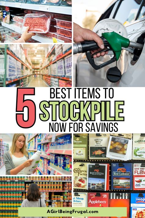 A collage showing grocery shopping, fuel, gift cards, and household essentials, representing the top items to stockpile for saving money on groceries, fuel, and everyday needs. 52 Week Stockpile Your Pantry, Shelf Stable Foods To Stock Up On, Best Foods To Stockpile, Items To Stock Up On Food Storage, Otc Meds To Stockpile, Fuel Prices, Vacuum Sealer, Grocery Budgeting, Emergency Prepping