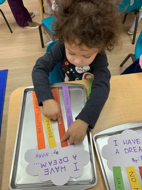 At Wiz Kids Center in Brooklyn, New York, the class did two activities relating to Dr. Martin Luther King Jr. and his famous, “I have a dream,” speech. Prek Martin Luther King Jr Activities, Martin Luther King Projects For Preschool, Dream Activities For Preschool, Mlk Lesson Plans Preschool, Preschool Martin Luther King Jr Crafts, Martin Luther King Toddler Activities, Mlk Kids Activities, Dr King Crafts Preschool, Preschool Martin Luther King Activities