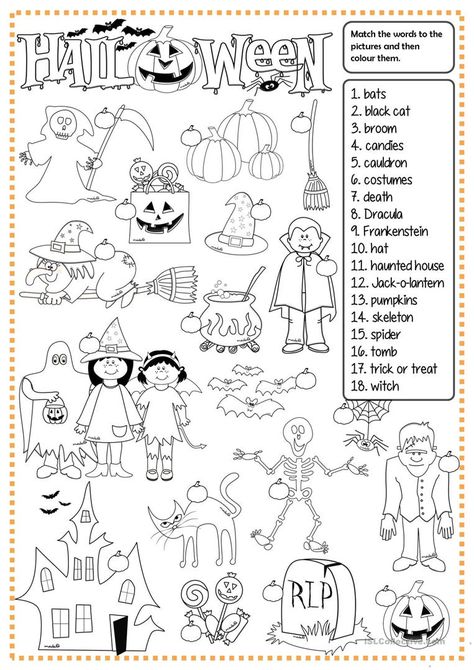 Halloween - matching - English ESL Worksheets Halloween Worksheet, Halloween Worksheets, Fun Worksheets, English Activities, Halloween School, Halloween Games, Classroom Posters, Free Halloween, Halloween Activities