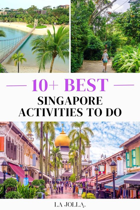 Scenic views of a tropical beach, lush green pathway, and a bustling street in Singapore lined with colorful shops. Singapore With Kids, Singapore Things To Do, Singapore Vacation, Singapore Travel Tips, Singapore Itinerary, Things To Do In Singapore, Singapore Botanic Gardens, Singapore Zoo, Universal Studios Singapore