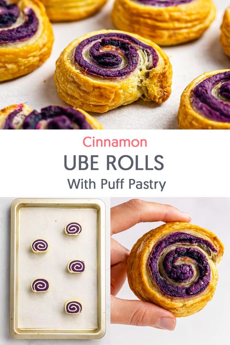 ube cinnamon rolls baked and on a tray Ube Puff Pastry, Ube Paste Desserts, Ube Cinnamon Roll, Ube Cinnamon Roll Recipe, Ube Pastry, Ube Rolls, Ube Desserts Recipes, Purple Yam Recipe, Cinnamon Rolls With Puff Pastry