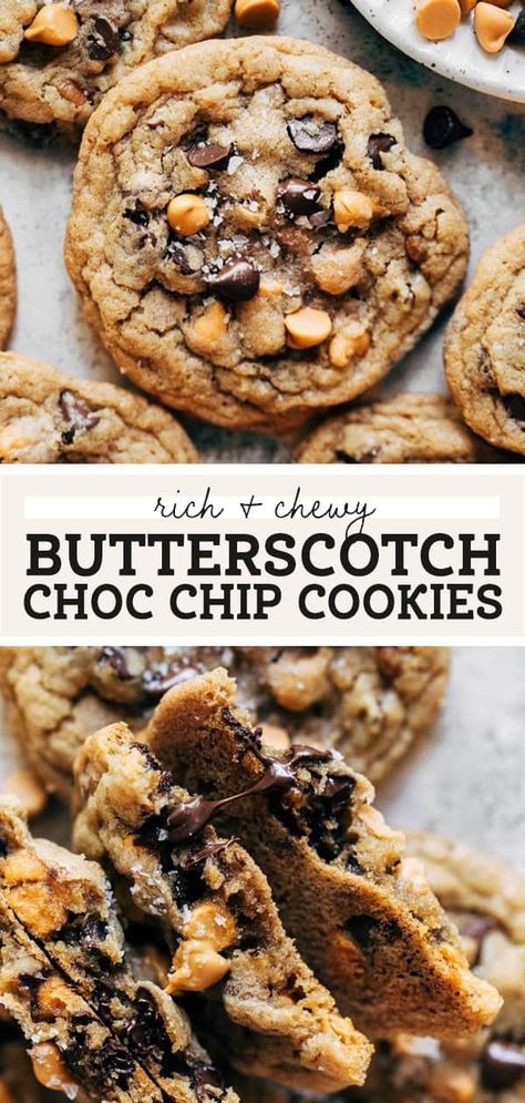 These are the BEST butterscotch chocolate chip cookies! They're crispy on the outside and gooey and chewy on the inside. The recipe also includes chopped pecans and flaky sea salt to balance out the sweetness of the butterscotch. Meaning they're absolute perfection! #butterscotch #cookies #chocolatechipcookies #cookierecipe #butternutbakery | butternutbakeryblog.com Butterscotch Chocolate Chip Cookies, Butterscotch Chip Cookies, Butternut Bakery, Butterscotch Cookies, Chippers, Butterscotch Chips, Chopped Pecans, Healthy Dessert, Just Desserts