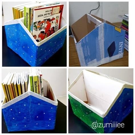 Easy To Make Bookshelf, Handmade Book Shelf, Bookshelf Diy Easy, Cardboard Box Bookshelf Diy, Diy Cardboard Bookcase, Diy Book Organizer Cardboard, Bookshelves Diy Easy, Diy Book Storage Ideas, Diy Book Shelf Cardboard