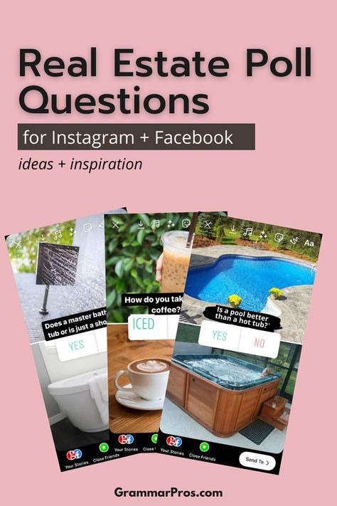 Real estate Instagram poll questions and real estate polls for Facebook are simple yet powerful ways to generate engagement. Read how you can use them as part of your overall real estate social media content strategy. Real Estate Polls, Real Estate Social Media Content, Engagement Questions, Real Estate Marketing Quotes, Social Media Post Ideas, Social Media Content Strategy, Real Estate Training, Realtor Social Media, Luxury Real Estate Marketing