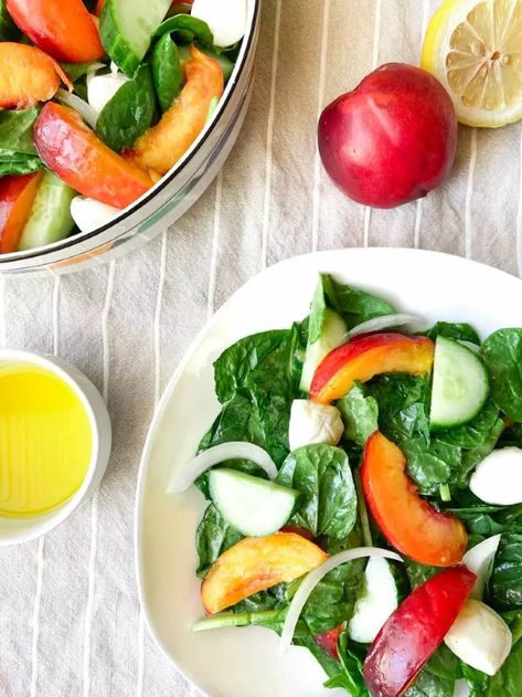 Nectarine Spinach Salad | Foodtalk Mini Mozzarella Balls, Homemade Vinaigrette, Ingredient Substitutions, English Cucumber, Roasted Almonds, Mixed Nuts, Spinach Salad, Nectarine, Sweet Onion