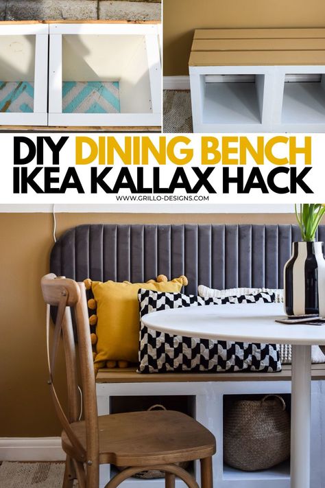 Create your own stylish dining bench using the IKEA Kallax shelving system, can make a great corner bench seating area in your dining room, kitchen or anywhere really!  #diningbench #diydiningseating #ikeahack #ikeakallax Building A Dining Bench, Diy Kitchen Bench Seating With Storage, Kitchen Table With Storage Bench, Ikea Kallax Hack Bench Dining Rooms, Diy Corner Table Kitchen, Dining Room Ikea Ideas, Ikea Hack Corner Bench, Small Corner Bench Kitchen Table, Dining Room Bench Diy