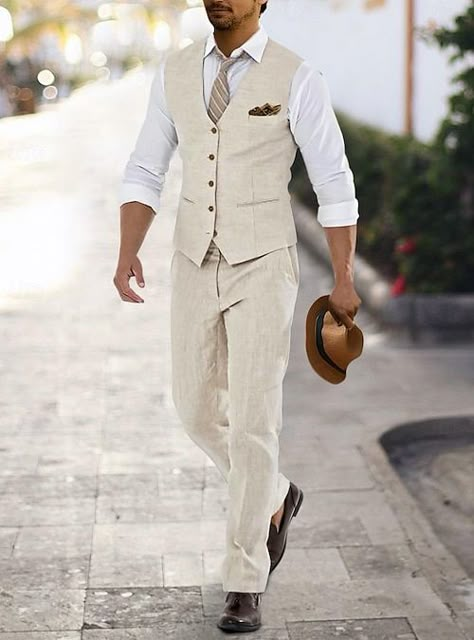 Beige Vest Outfit Men, Destination Wedding Attire, Wedding Shower Outfit, Mens Linen Suit, Beach Wedding Groom Attire, Mens Beach Wedding Attire, Blue Linen Suit, Linen Suits For Men, Vest Outfits Men