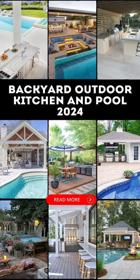 Elevate your backyard with the ultimate in outdoor elegance. Our backyard outdoor kitchen and pool 2024 designs are the epitome of luxury. Pool Pavilion With Outdoor Kitchen, Backyard Kitchen And Pool, Outdoor Kitchen And Pool, Backyard Outdoor Kitchen, Poolside Seating, Backyard With Pool, Lush Landscaping, Patio Design Ideas, Stone Columns