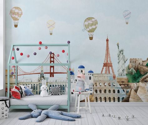 Excited to share the latest addition to my #etsy shop: Watercolor Favorite Cities Nursery Wallpaper. Famous Places Kids Mural. Nursery Hot Air Balloons Wallpaper. Children Watercolor Wallpaper https://etsy.me/3D0i6uc #rainbow #blue #starscelestial #entryway #cities Nursery Wallpapers, City Nursery, Trend Wallpaper, Balloons Wallpaper, Kids Mural, Country Nursery, Mural Nursery, Wallpaper Glue, Hot Air Balloon Nursery