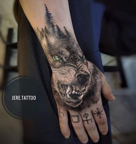 Hand Wolf Tattoo, Wolf Tattoo Hand, Wolf Hand Tattoo, Left Hand Tattoo, Fenris Tattoo, Discovery Quotes, Tattoo Guys, Tiger Hand Tattoo, Meaningful Tattoos For Men