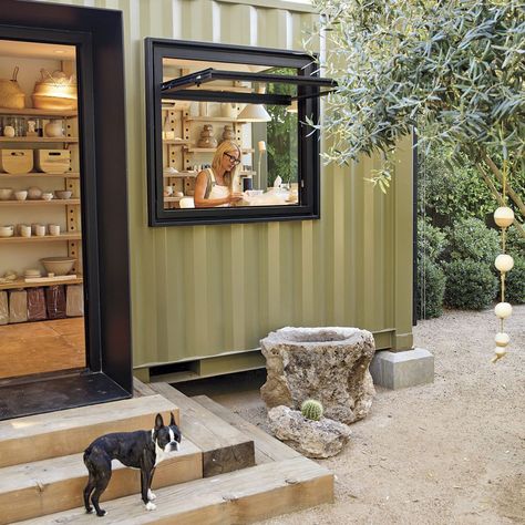 Former Interior Designer Transforms a Shipping Container into a Charming Backyard Pottery Studio - Phoenix Home & Garden Backyard Pottery Studio Sheds, Pottery Studio Greenhouse, Outside Pottery Studio, Outdoor Ceramic Studio, Shipping Container Pottery Studio, Backyard Pottery Studio, Pottery Studio Shed, Container Workshop Ideas, Pottery Room Ideas