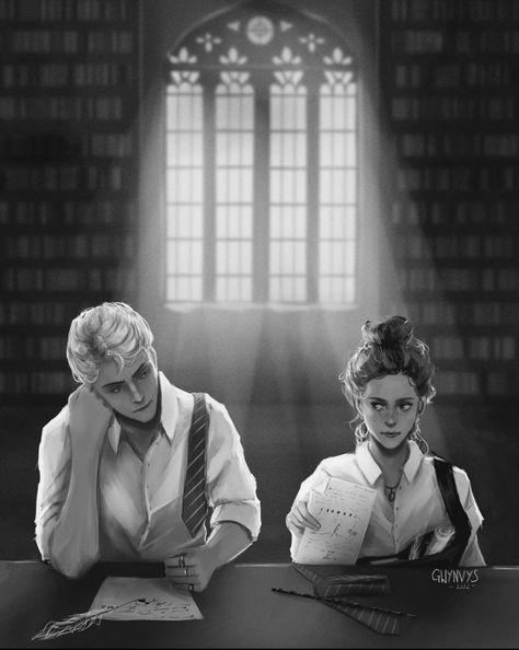 Draco And Hermione Fanfiction, Study Date, Draco Malfoy Fanart, Dramione Fan Art, Draco Malfoy Aesthetic, Buku Harry Potter, Draco And Hermione, Battle Scars, Harry Potter Artwork