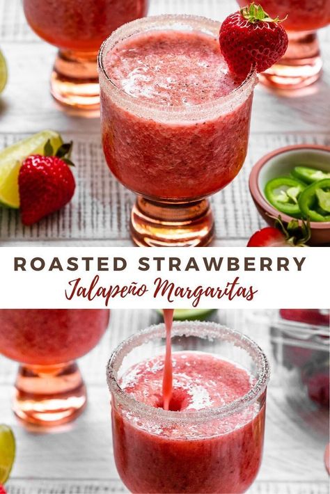 The best Roasted Strawberry Jalapeño Margaritas! This Frozen strawberry margaritas make an awesome spicy tequila cocktail using fresh strawberries. The perfect easy, fun, & simple summer pitcher margarita to serve to a crowd. So refreshing, perfectly spicy, with tips on how to roast strawberries too! #sgtoeats #strawberryjalapenomargarita #frozenmargarita #strawberrymargarita Summer Pitcher Cocktails, Cocktail Recipes With Vodka, Cocktail For A Crowd, Strawberry Jalapeno Margarita, Recipes With Vodka, Strawberry Margaritas, Frozen Strawberry Margarita, Vegan Drinks Recipes, Roasted Strawberry